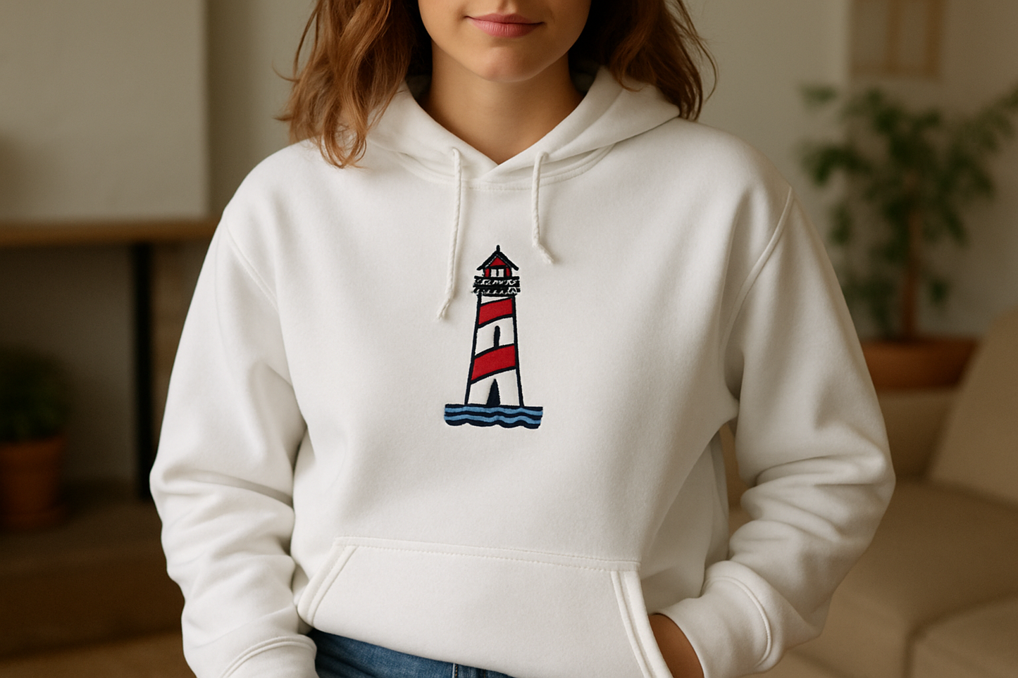 Frau trägt weißen Hoodie mit Leuchtturm-Bestickung