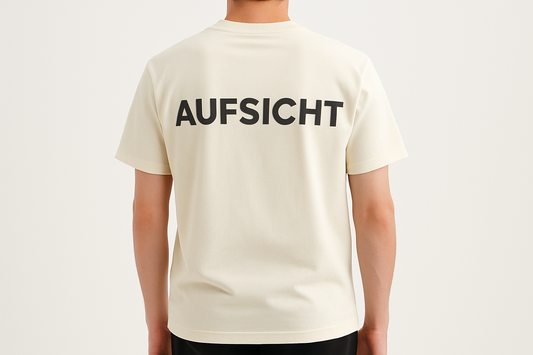 Person wearing AUFSICHT t-shirt from behind