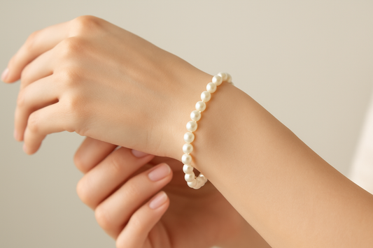 Eine Frau trägt das weiße Perlenarmband