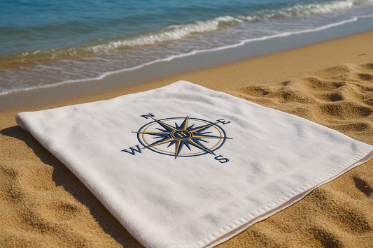 Handtuch mit Kompass-Bestickung am Strand