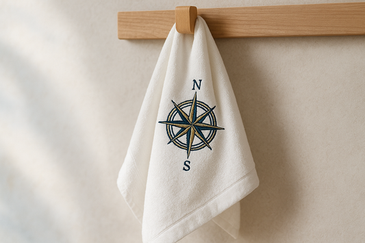Handtuch mit Kompass-Bestickung hängend