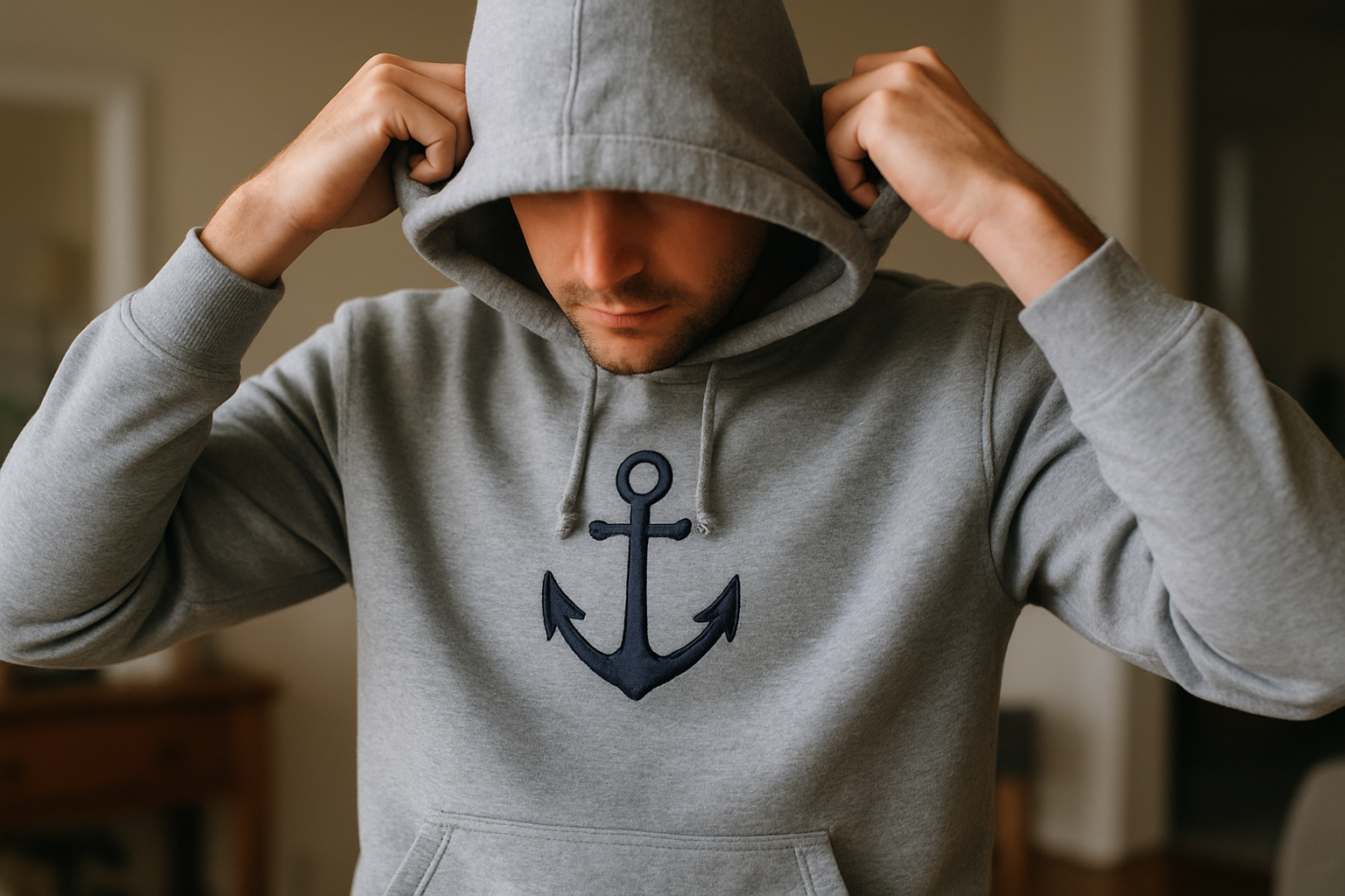 Mann trägt maritimen Hoodie mit Anker-Bestickung