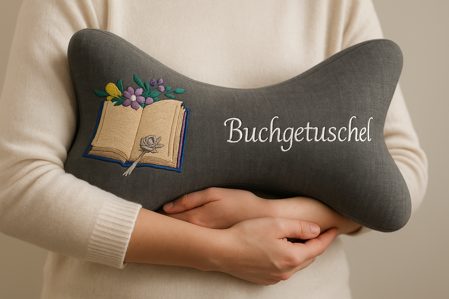 Person hält Leseknochen Buchgetuschel im Arm