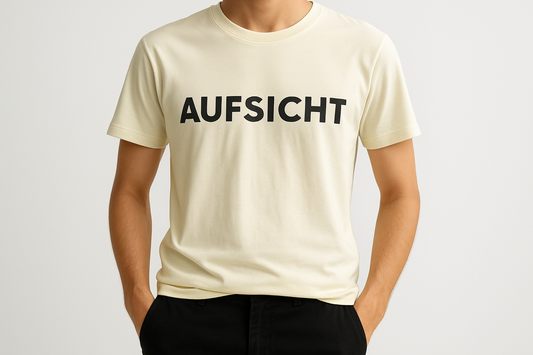 Person wearing AUFSICHT t-shirt